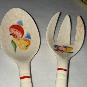 Vintage Ceramic Salad Fork and Spoon Set red apple